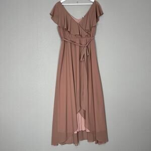 Baltic Born Katya Ruffle Maxi Dress Womens XL Pink Belted Chiffon Gown Bridesmid